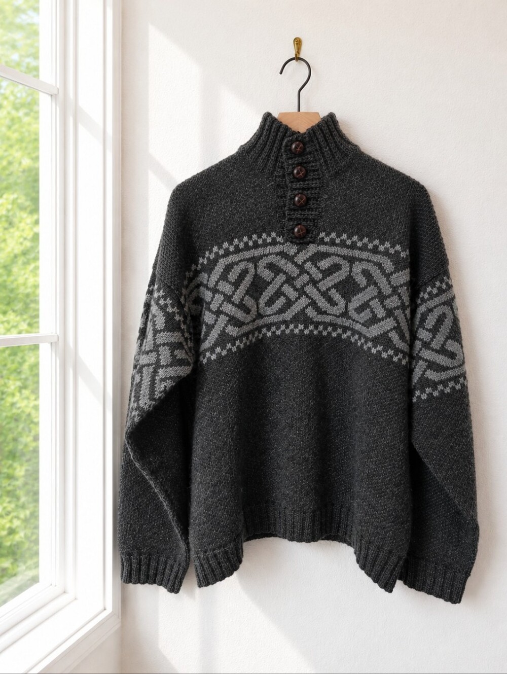 Aran Woollen Mills Irish Wool Celtic Knit Button Mock Neck Sweater Men's M